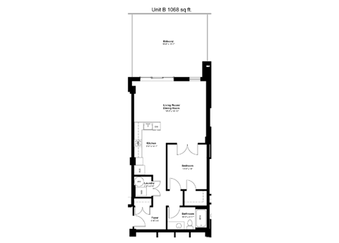 Floor plan for 1 bed, 1 bath, 760 sqft